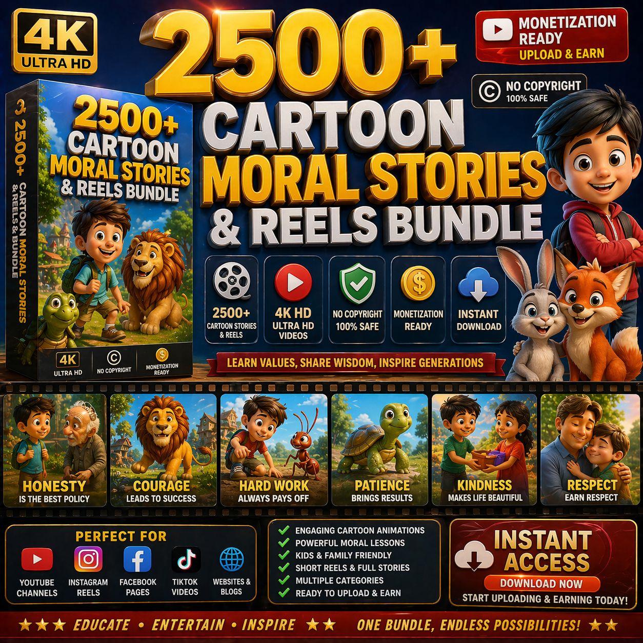2500+ Cartoon Moral Stories & Reels Bundle | 4K HD Videos | No Copyright | Monetization Ready (₹199 Only)